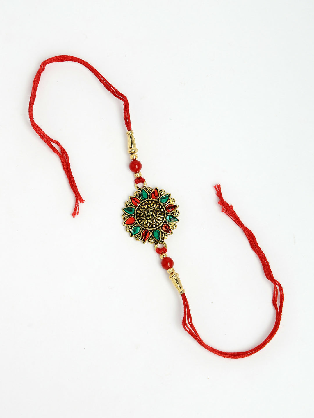 NVR Men Red & Gold-Toned Stone-Studded Rakhi With Roli Chawal