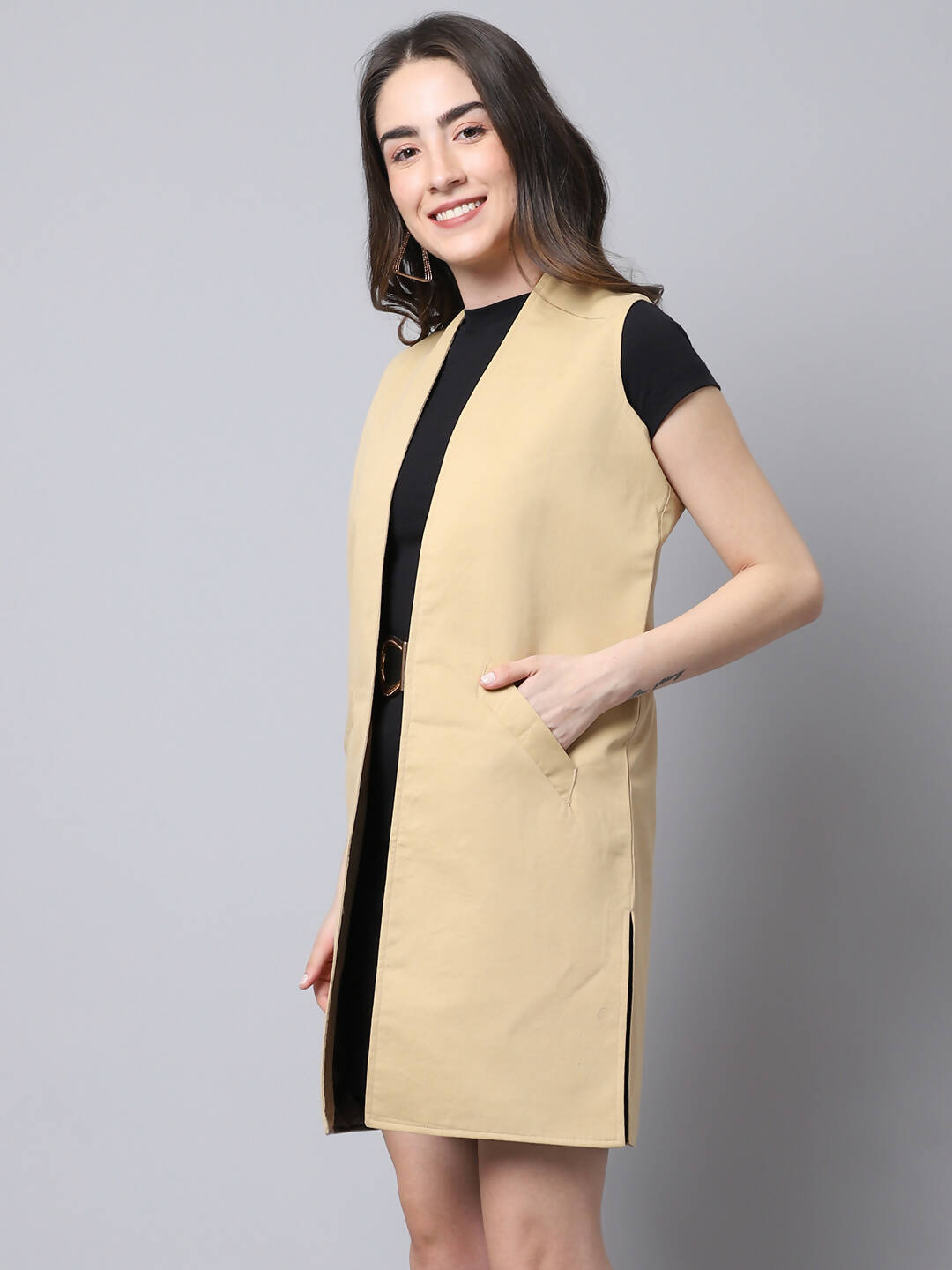 Even Apparels Brown Polywool Open Front Women's Long Coat PW724