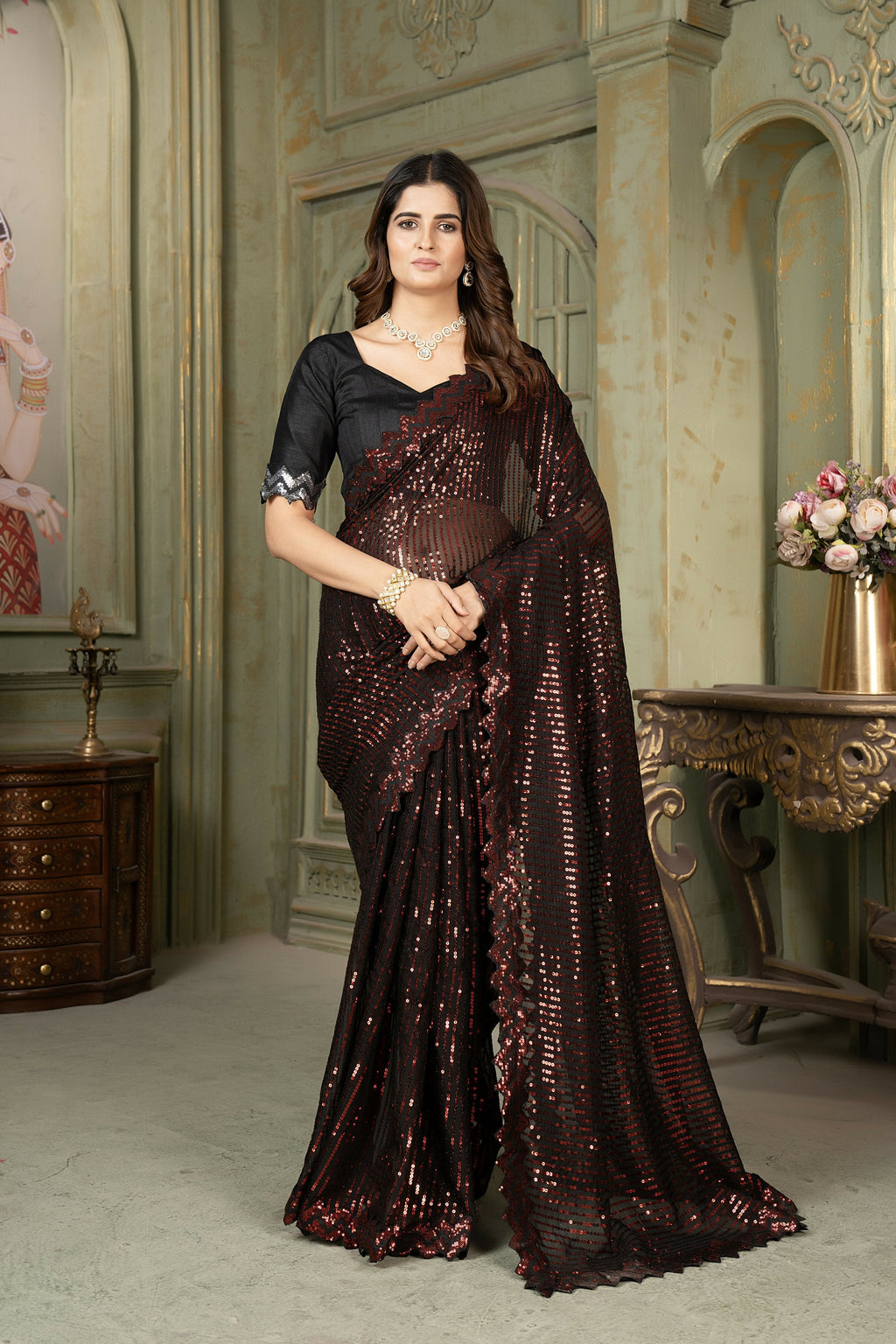 Dishitha Creation Indian Women's Designer Georgette Sequence Saree - Red