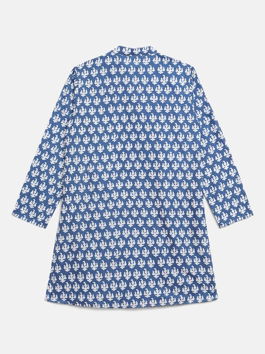 Ahalyaa Boys Blue Pure Cotton Porcian Print Kids Kurta Churidar Set