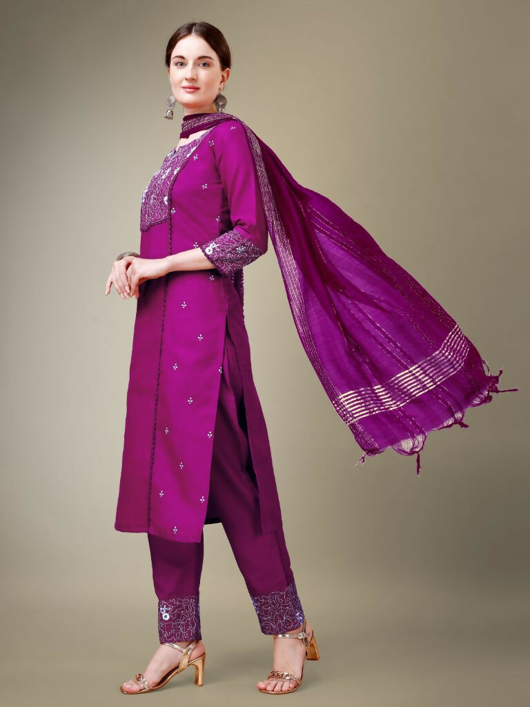 Jyoti Fashion Women's Purple Cotton Blend Embroidery & Fancy Lace work Kurta with Trouser & Dupatta
