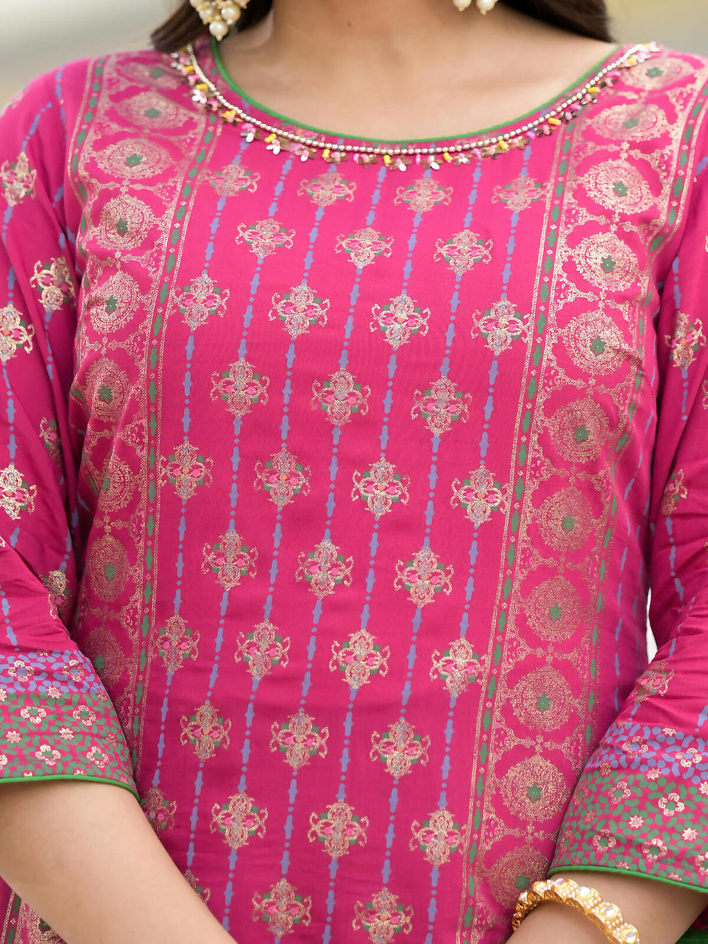 Juniper Women's Fuchsia Ethnic Motif Printed Muslin Kurta Pant With Dupatta Set With Beads & Sequins