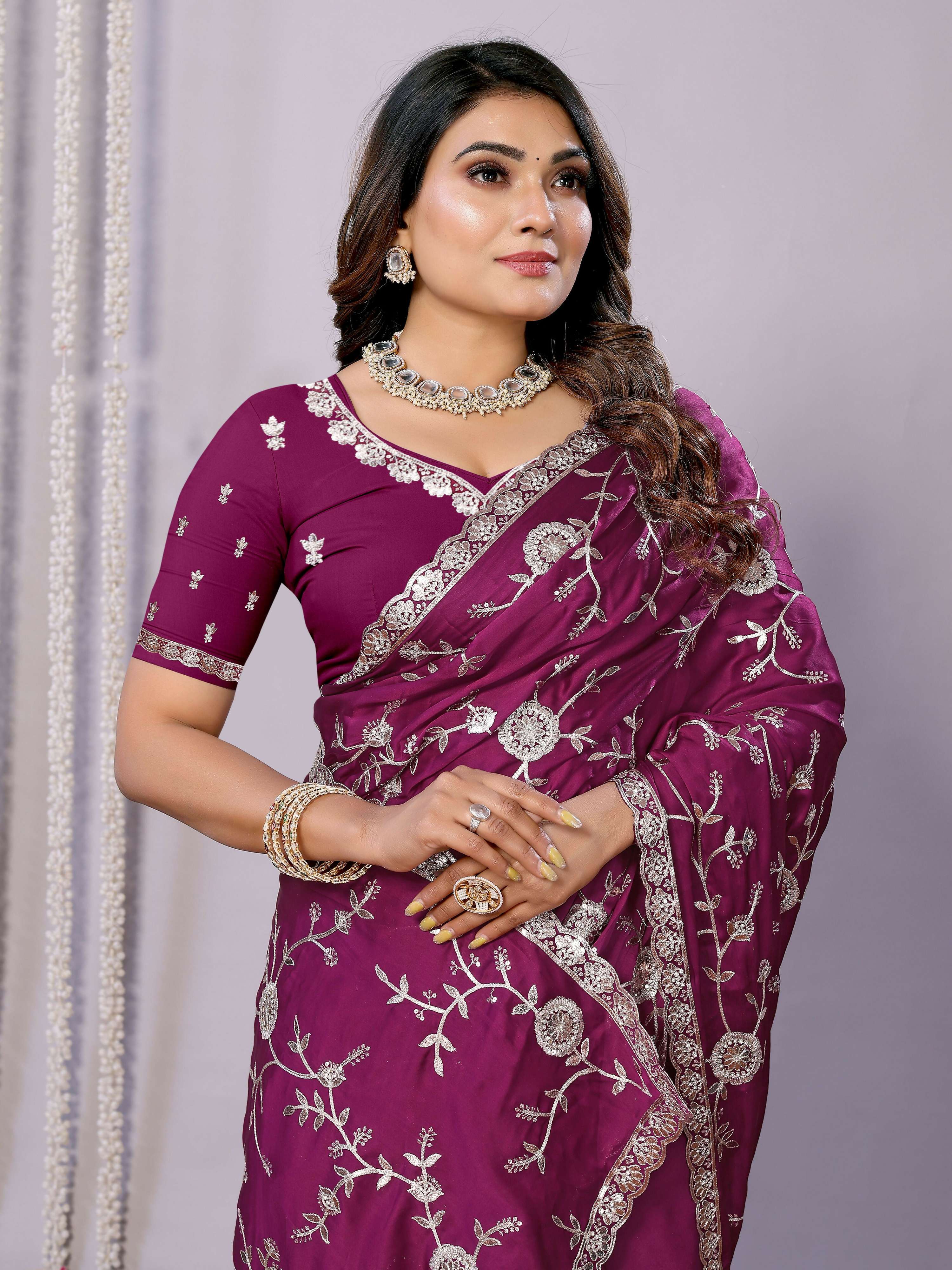 Purple Pure Satin Embroidered Saree With Stitched Blouse - Nimaya Kaksha