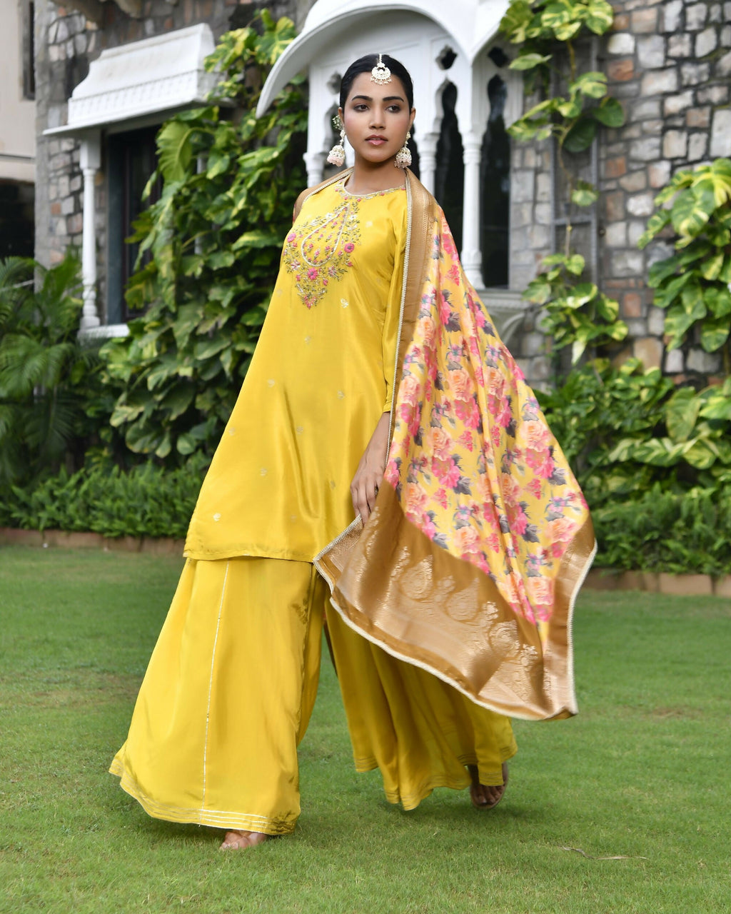 Vaasva Women's Silk Mustard Emboidered Solid Kurta, Sharara & Dupatta Set