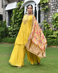 Vaasva Women's Silk Mustard Emboidered Solid Kurta, Sharara & Dupatta Set