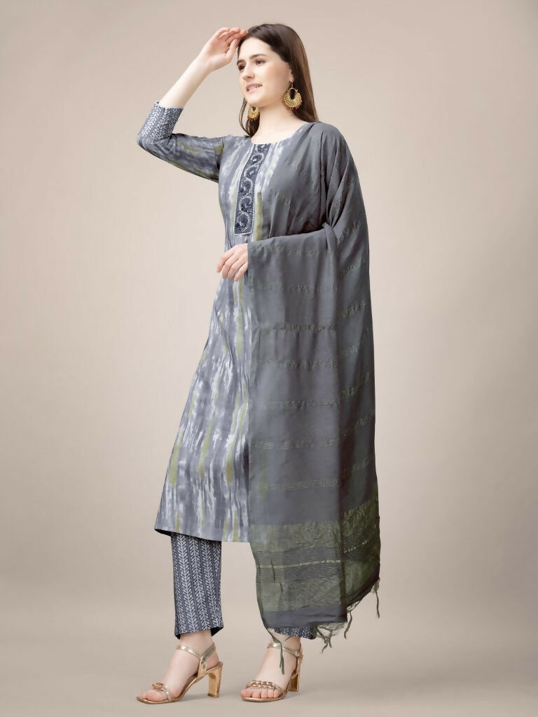 Jyoti Fashion Women's Grey Rayon Print with Embroidery & Fancy Lace Work Kurta with Trouser & Dupatta