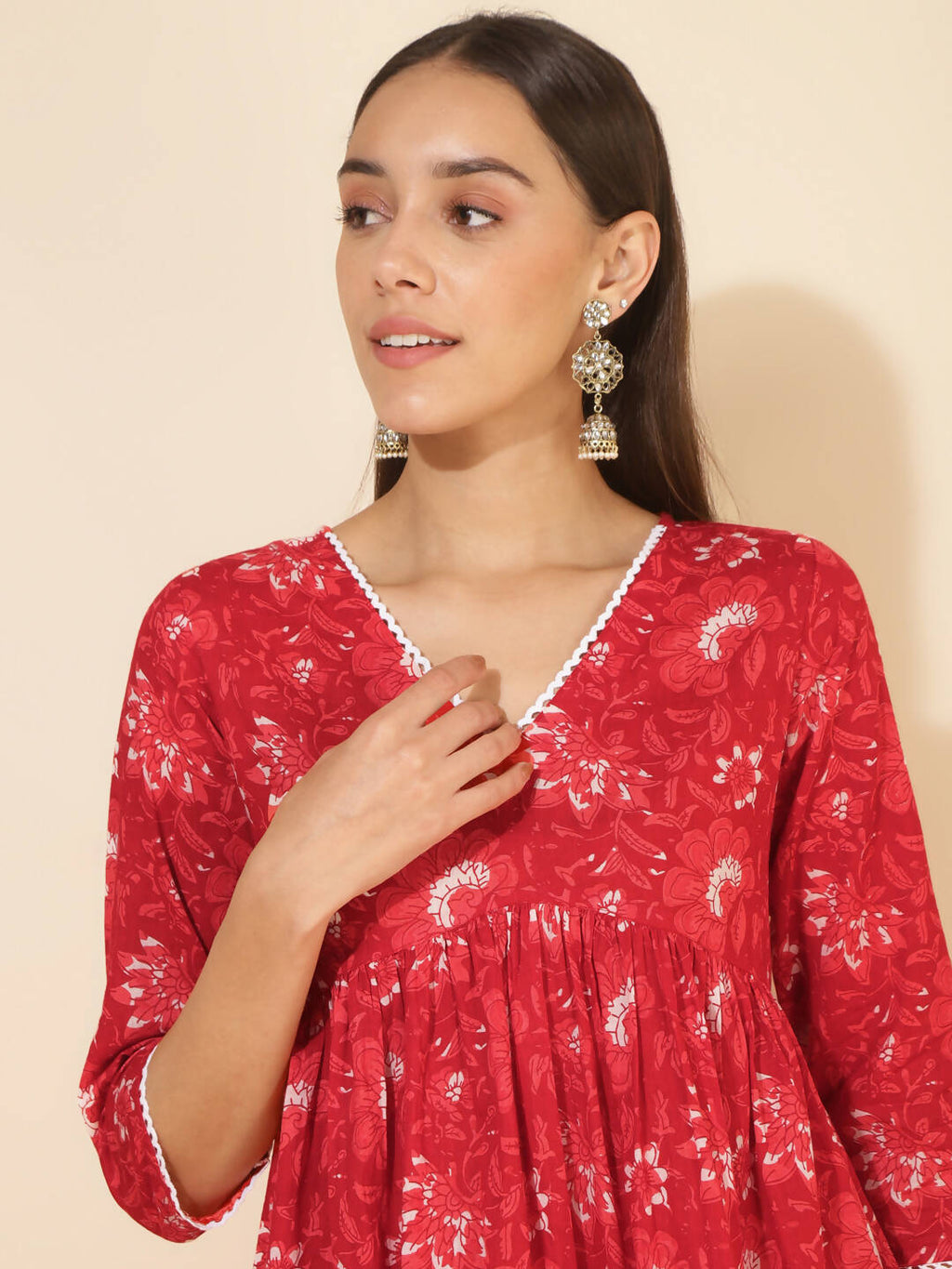 Janasya Women's Red Cotton Floral Printed Casual Flared Co-ords