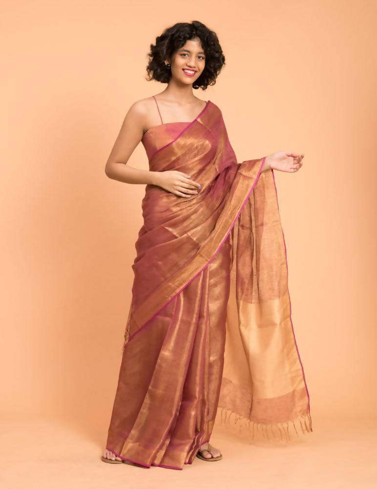 Suta Pink Golden Solid Zari Pure Linen Saree