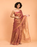 Suta Pink Golden Solid Zari Pure Linen Saree