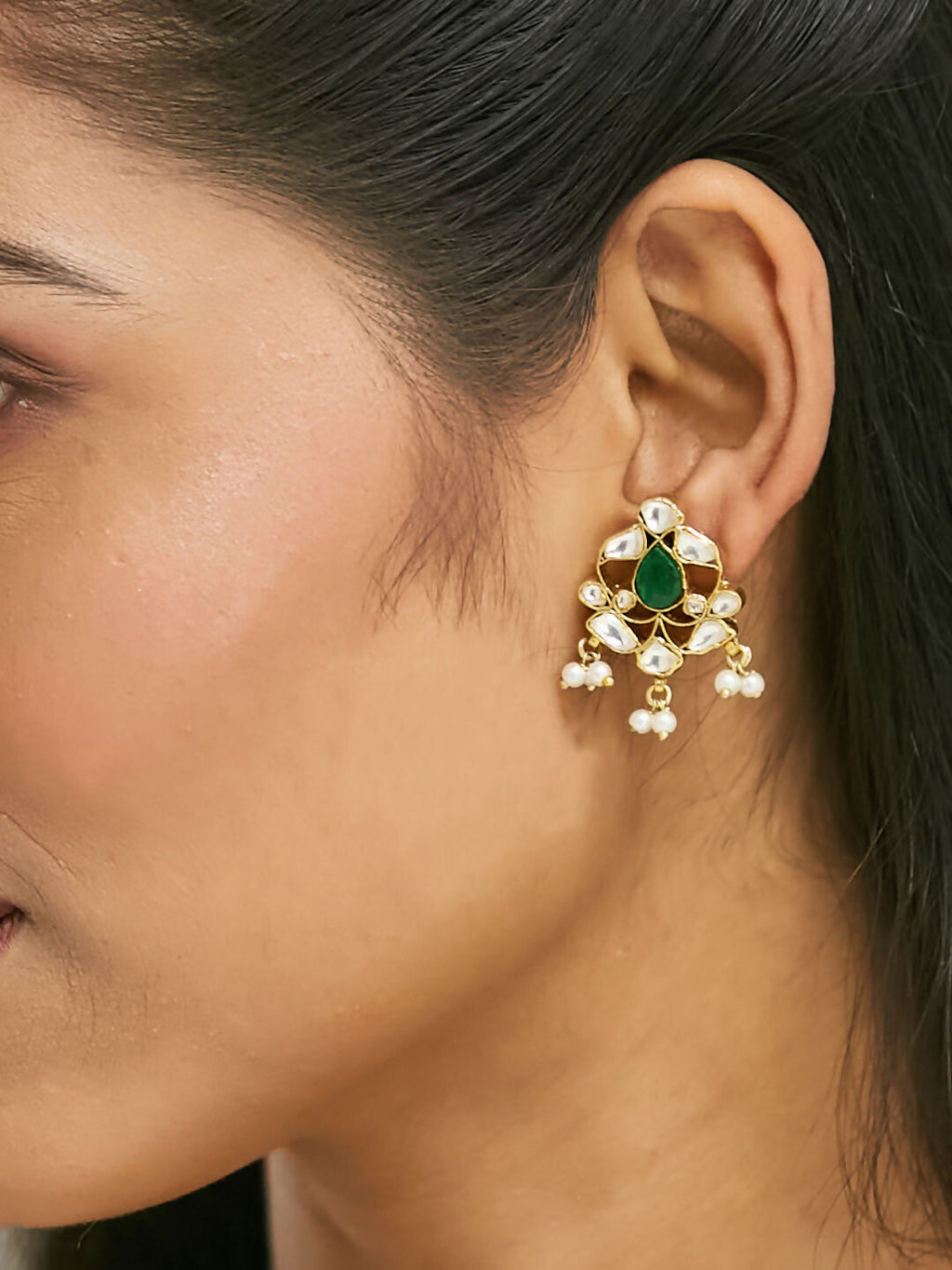 Nuyug 22K Gold-Plated Elegant Kundan & Green Stone Studded Pearl Drops Studs