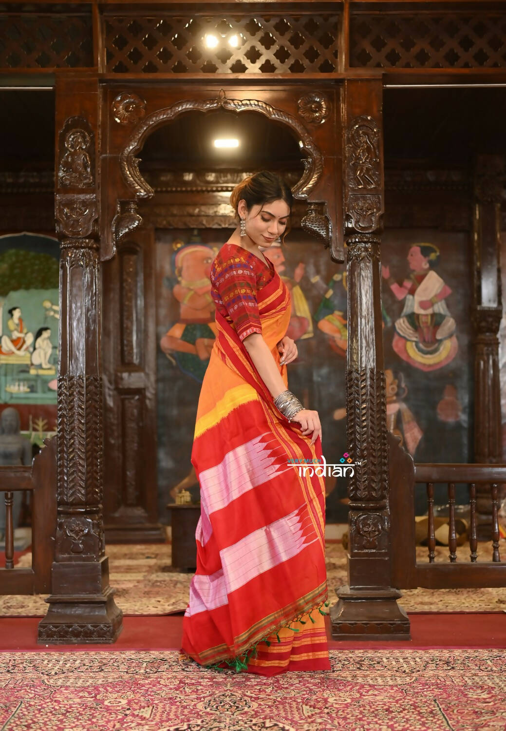 Very Much Indian Handloom Cotton Viscose Ilkal Saree Bright Mustard Yellow With Red Border