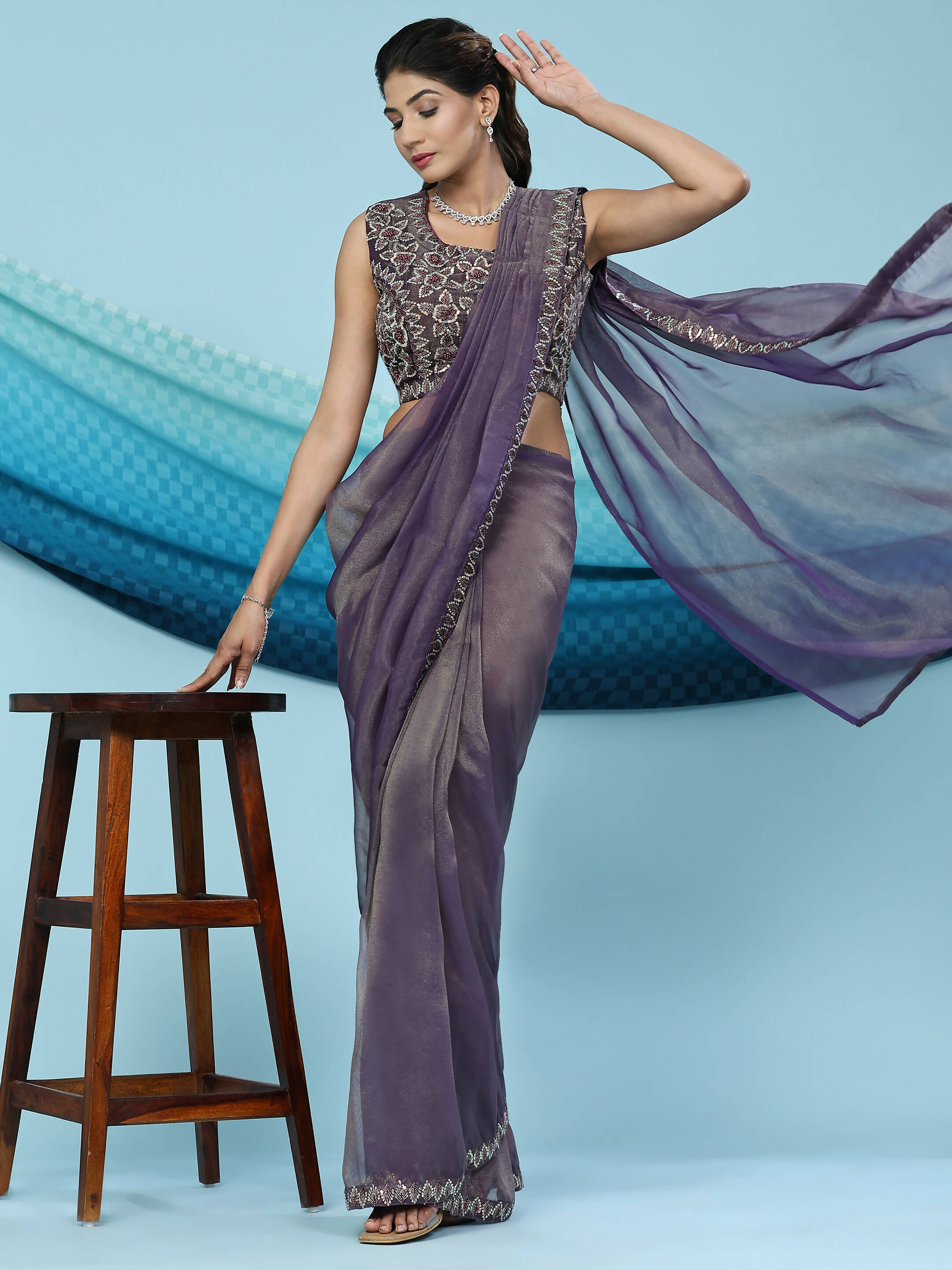 Purple Lycra Shimmer Pattern Ready to Wear Saree with stitched Blouse - Nirvana