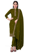 Green Silk Embroidered with Sequins work Unstitched Dress Material - Tanvi