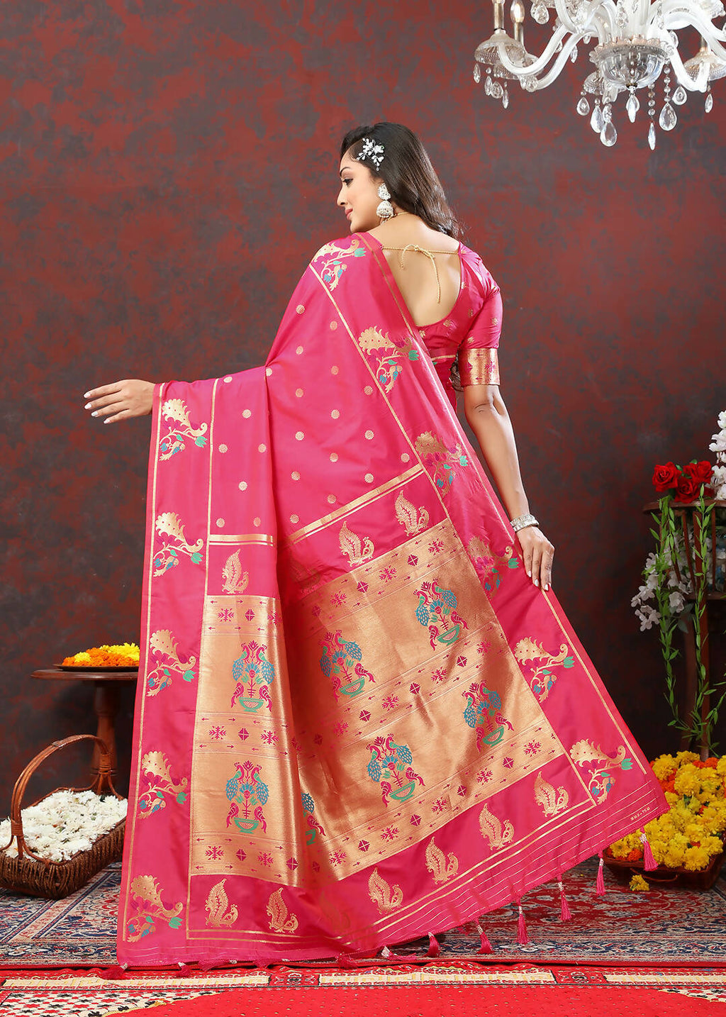 Lorenvalley Fashion Pink Soft Paithani Silk Woven Design Copper Zari Meenakari Weaving Saree