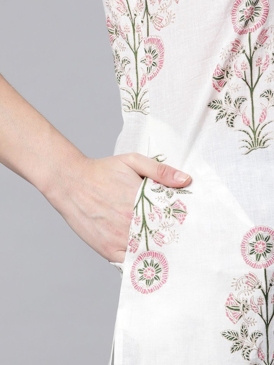 Ahalyaa Women's Off White Pure Cotton Floral Printed Kurta