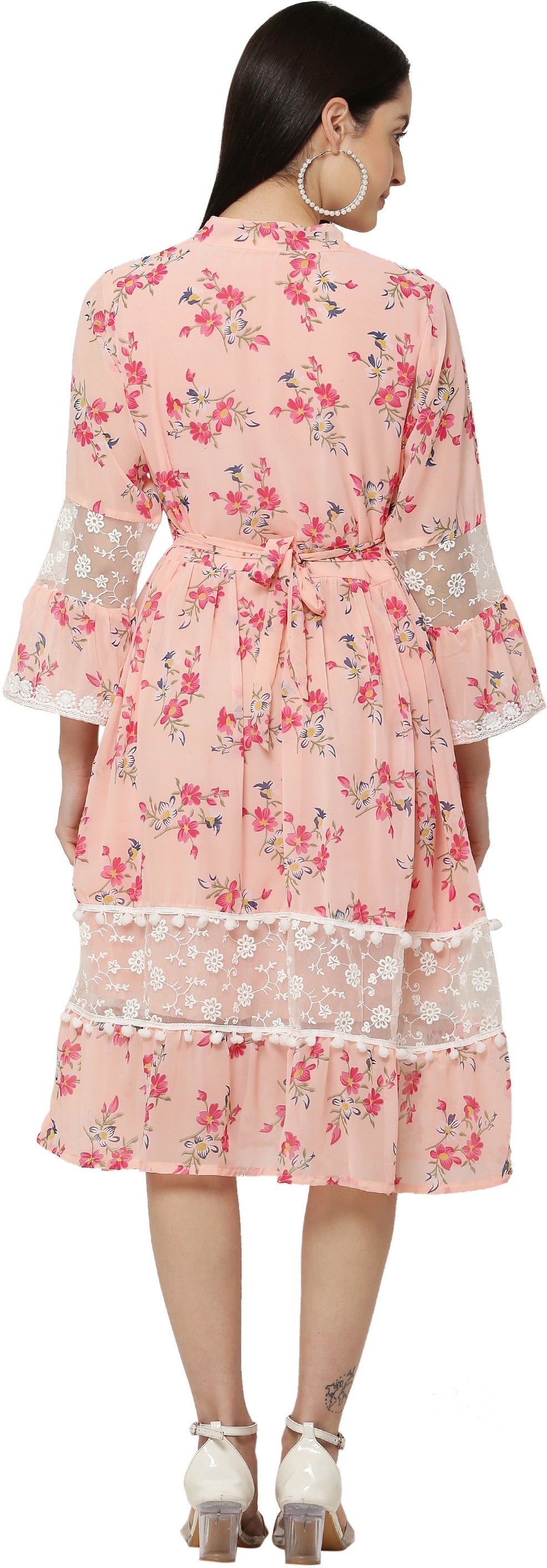 PAVONINE Peach Color Flower Printed Lace Bottom Dress For Girls & Women