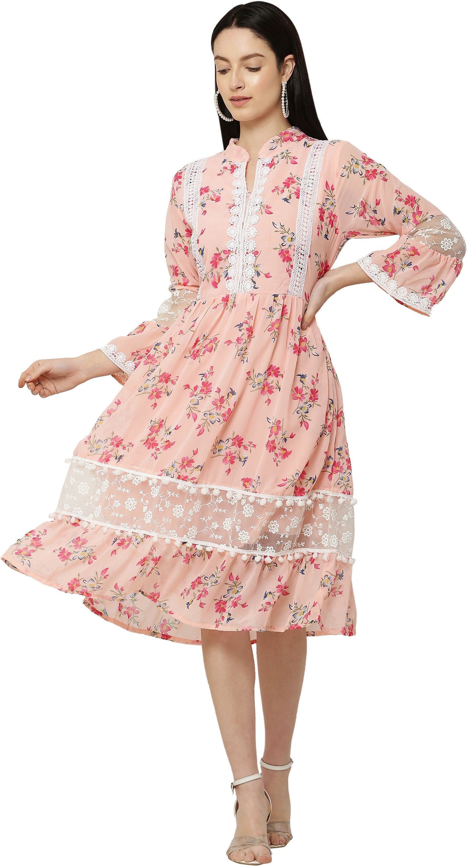 PAVONINE Peach Color Flower Printed Lace Bottom Dress For Girls & Women