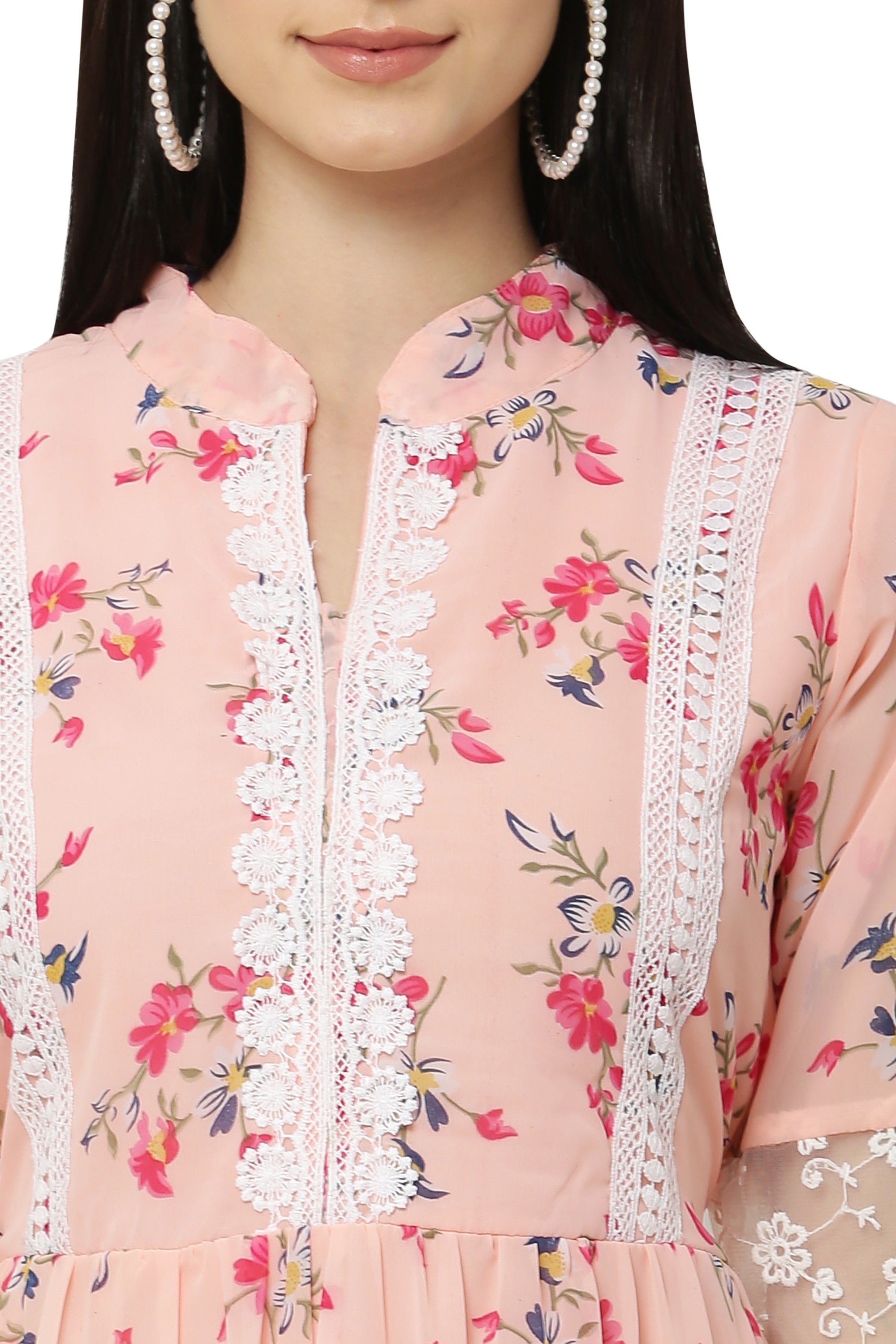 PAVONINE Peach Color Flower Printed Lace Bottom Dress For Girls & Women