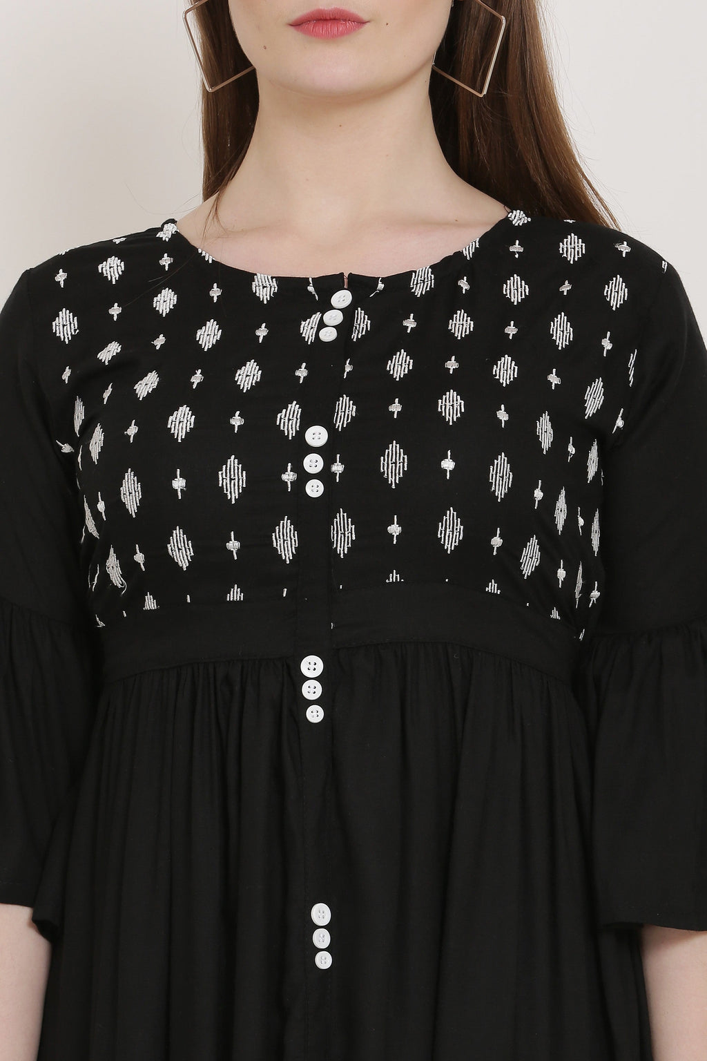 PAVONINE Black Color Embroidery Work With Button Dress For Women