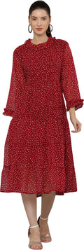 PAVONINE Micro Dots Frill-Neck Georgette Fabric Maroon Dress For Women