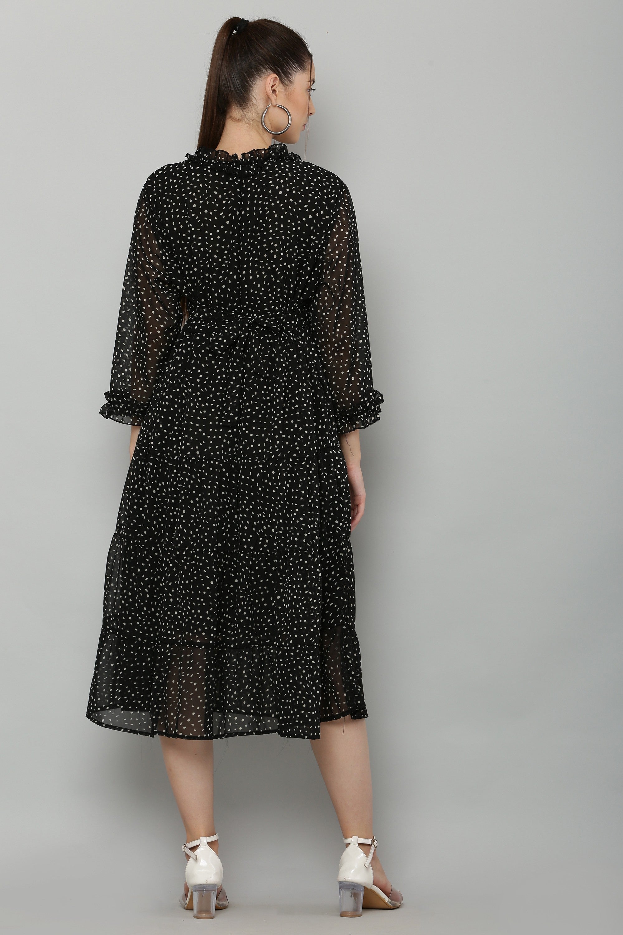 PAVONINE Micro Dots Frill-Neck Georgette Fabric Black Dress For Women
