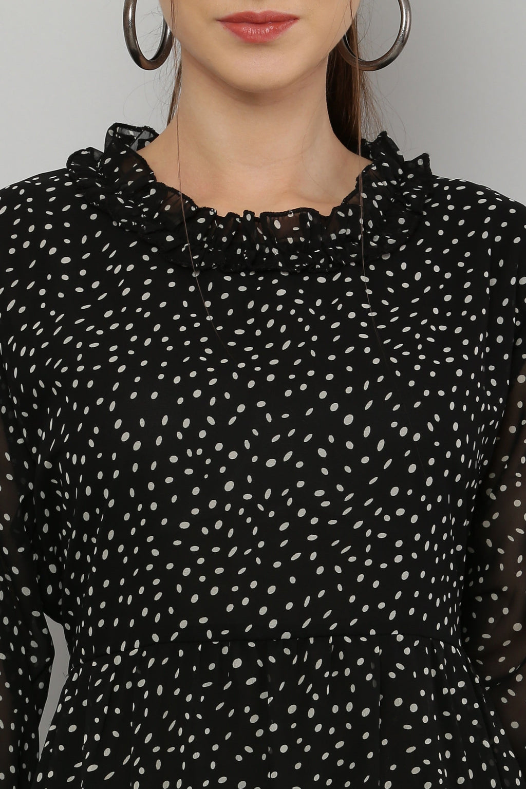 PAVONINE Micro Dots Frill-Neck Georgette Fabric Black Dress For Women