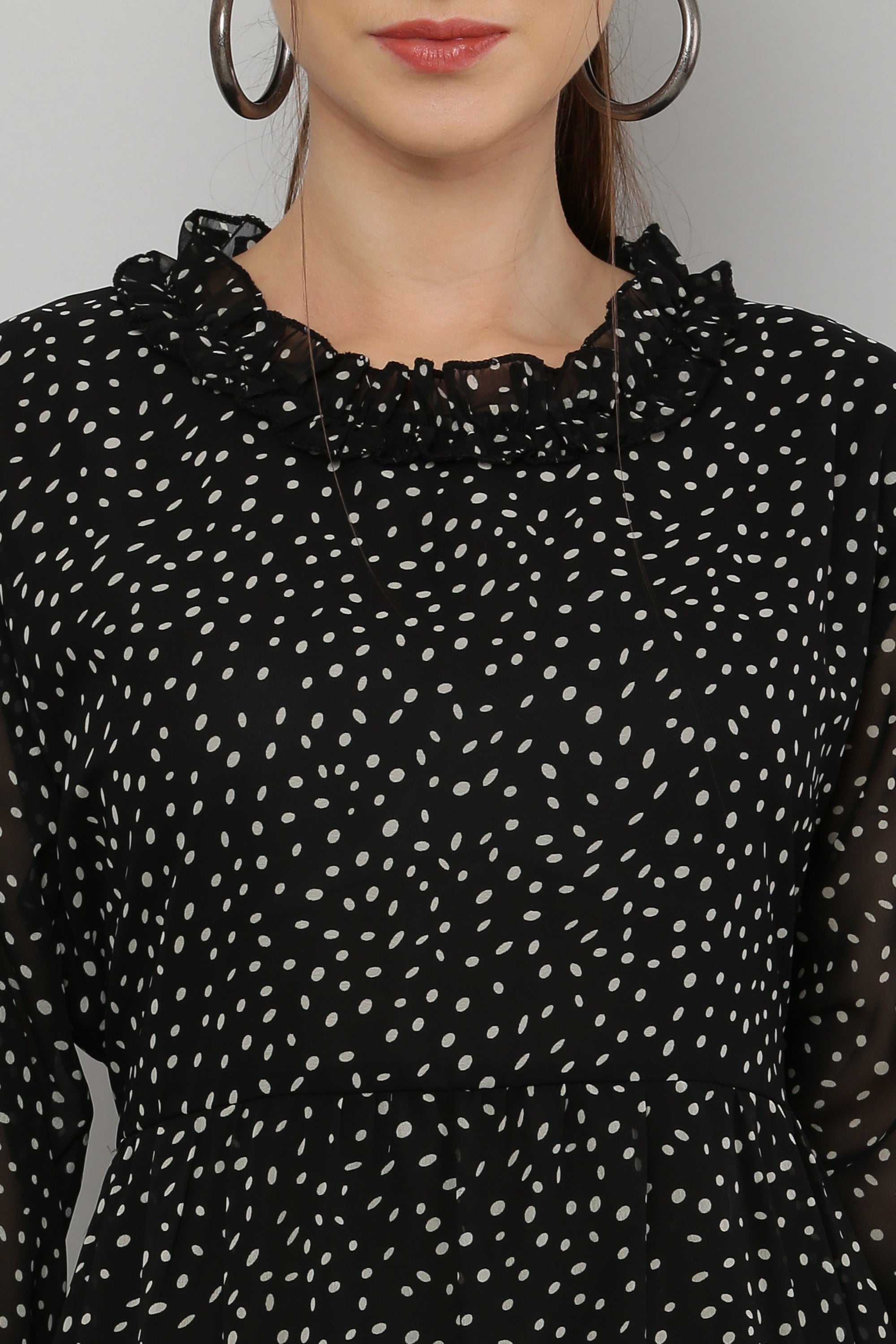 PAVONINE Micro Dots Frill-Neck Georgette Fabric Black Dress For Women