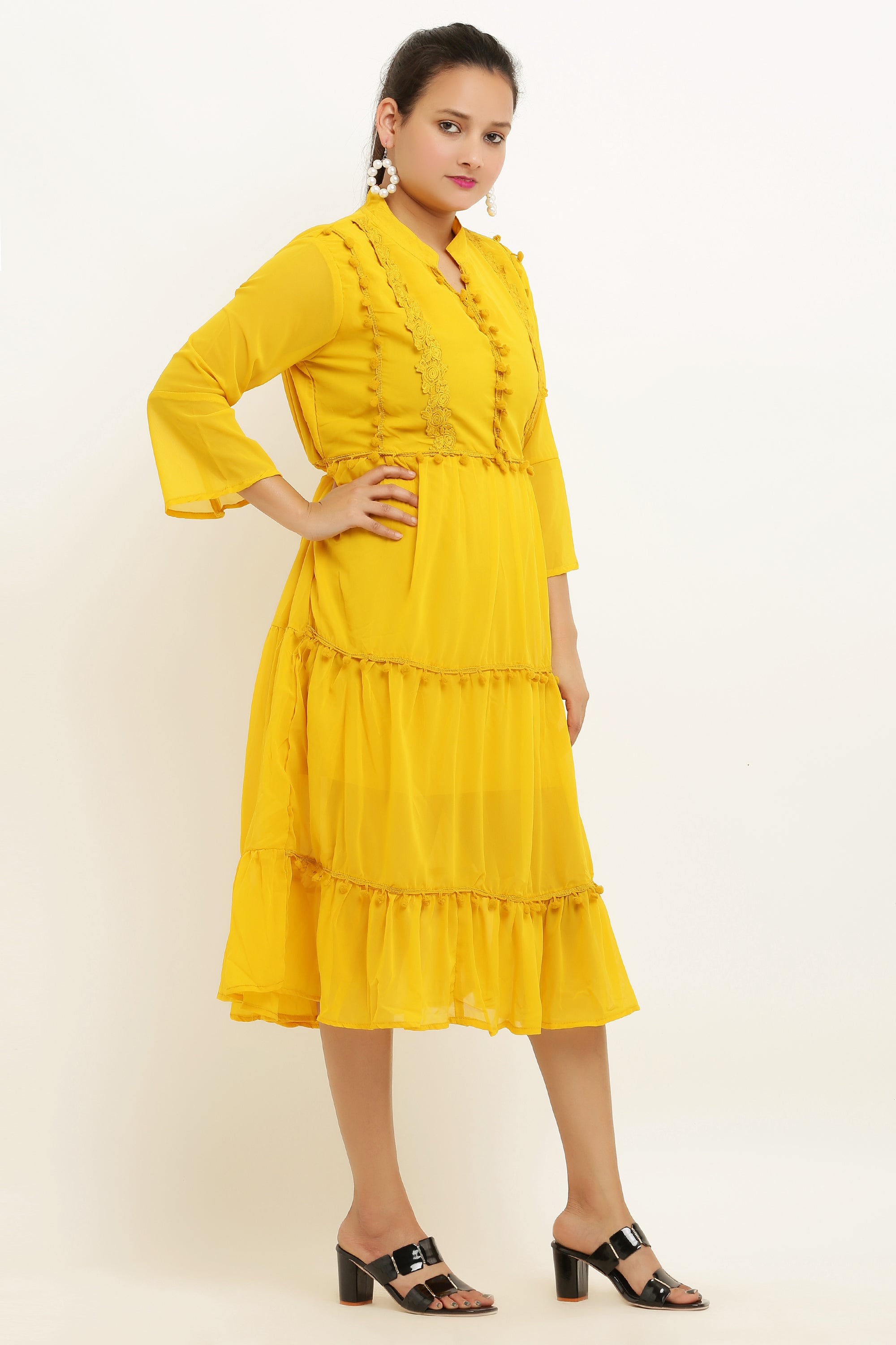 PAVONINE Pum Pum & Lace Inserted Mustard Color Dress For Girls & Women