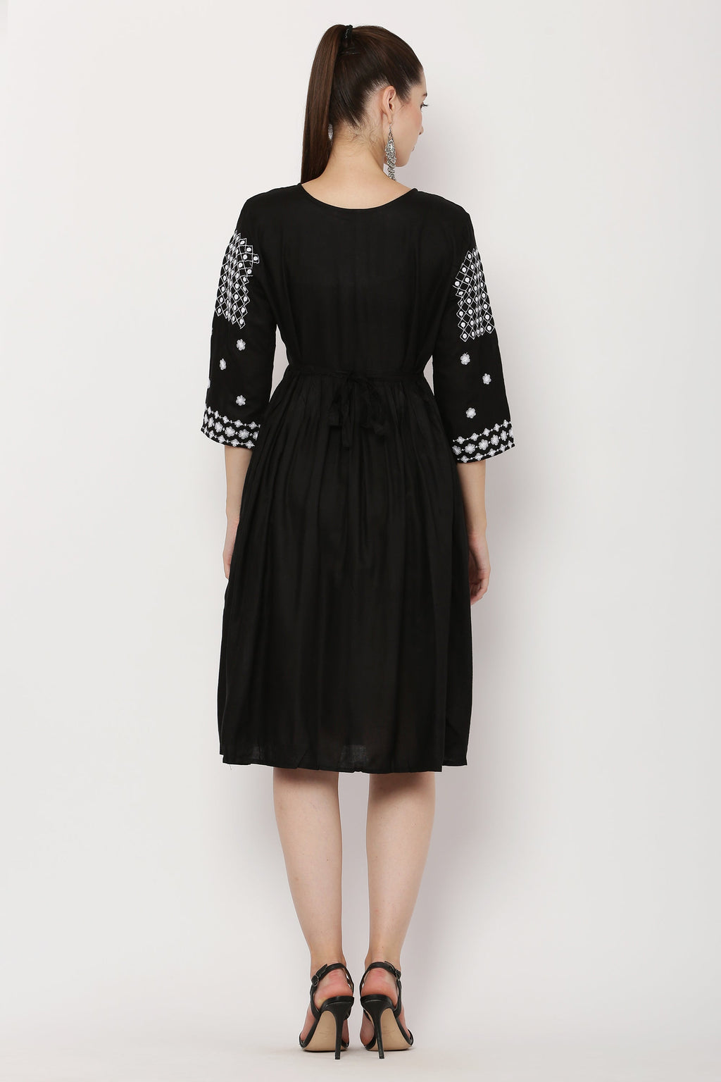 PAVONINE Black Color Polka Dots Embroidery Dress For Women