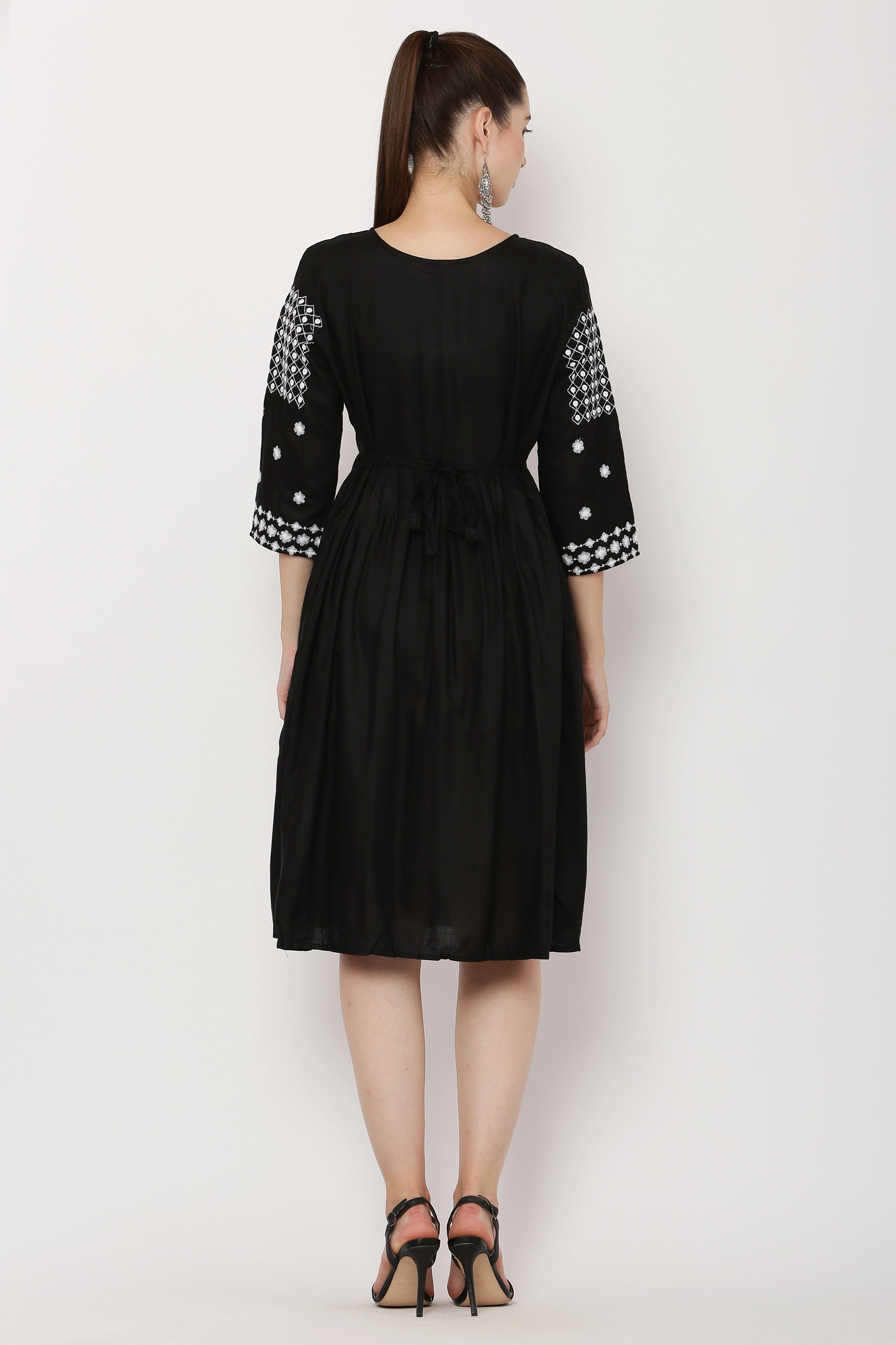 PAVONINE Black Color Polka Dots Embroidery Dress For Women