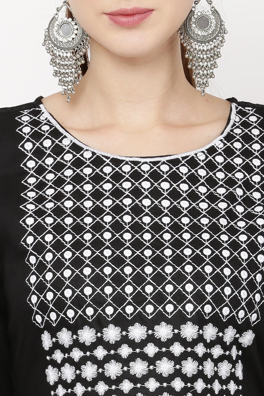 PAVONINE Black Color Polka Dots Embroidery Dress For Women