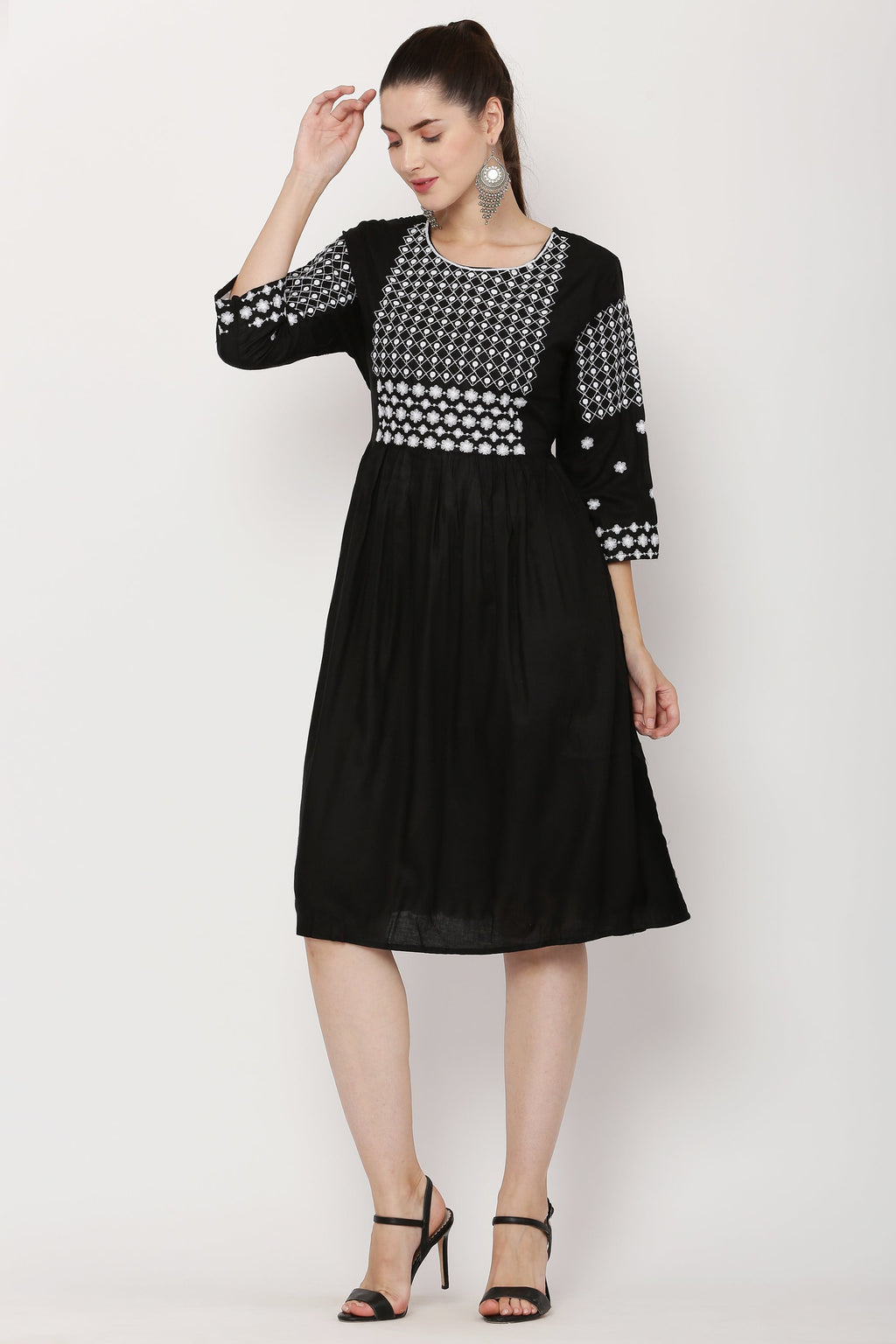 PAVONINE Black Color Polka Dots Embroidery Dress For Women