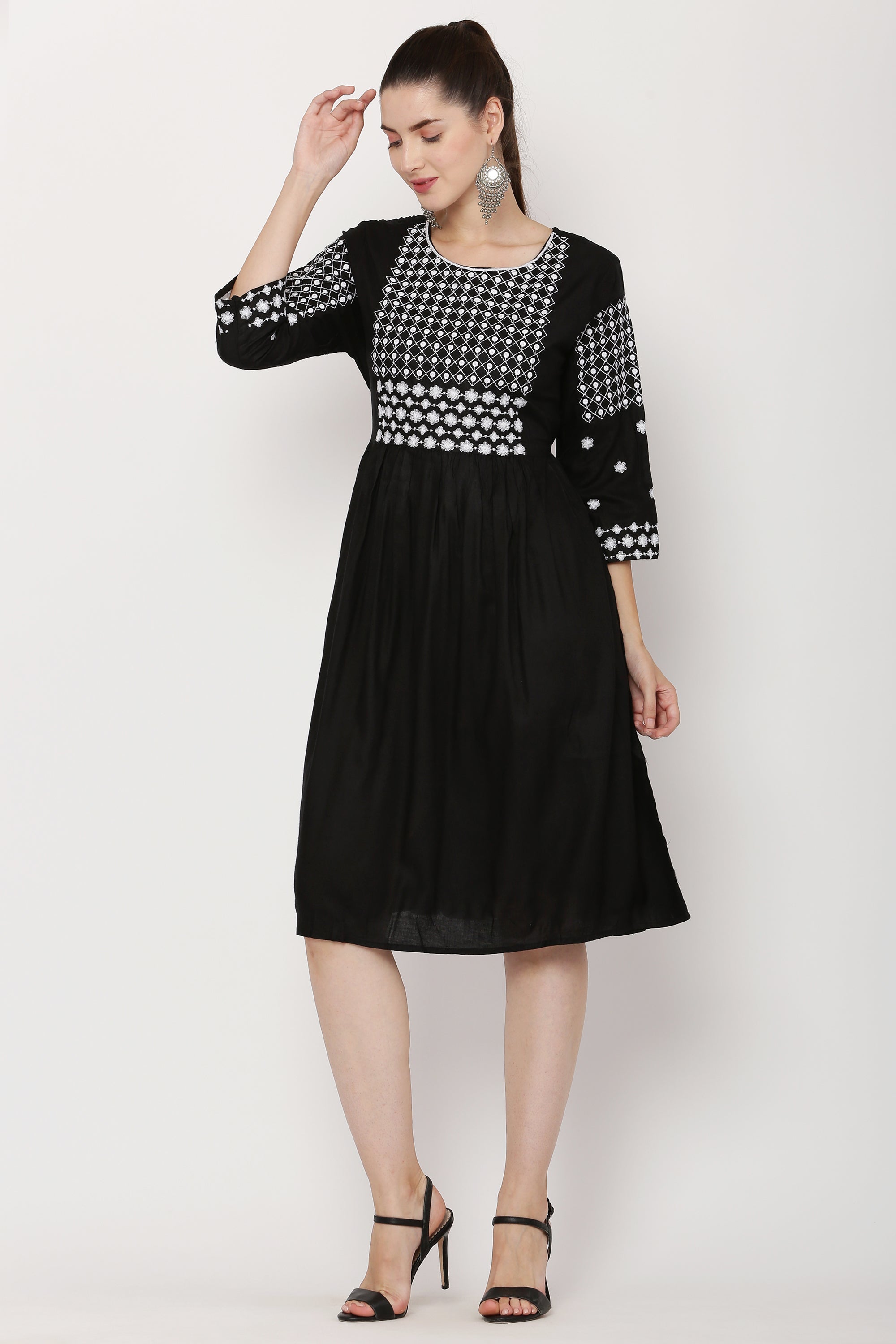 PAVONINE Black Color Polka Dots Embroidery Dress For Women