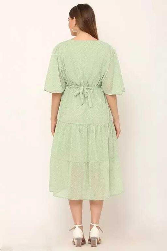 PAVONINE Micro Dots V-Neck Georgette Fabric Pista Dress For Women