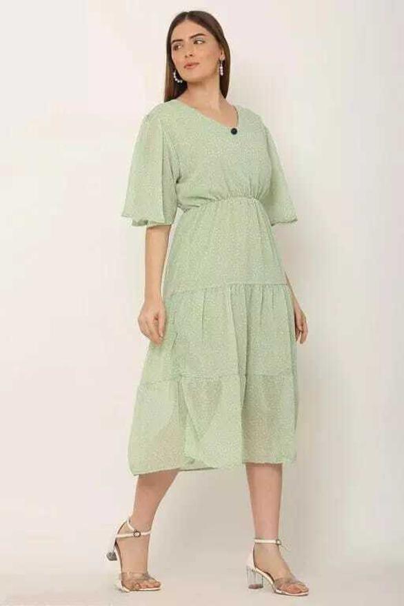 PAVONINE Micro Dots V-Neck Georgette Fabric Pista Dress For Women