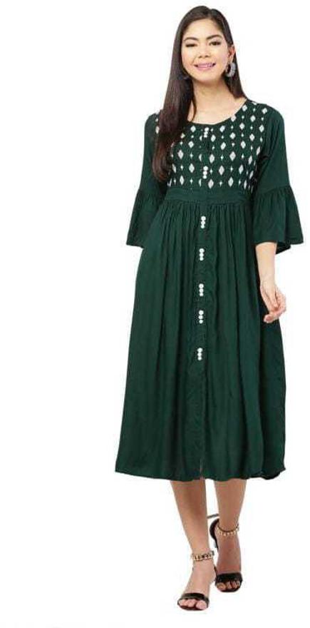 PAVONINE Bottle Green Color Embroidery Work With Button Dress For Women