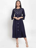 PAVONINE Navy Blue Color Embroidery Work With Button Dress For Women