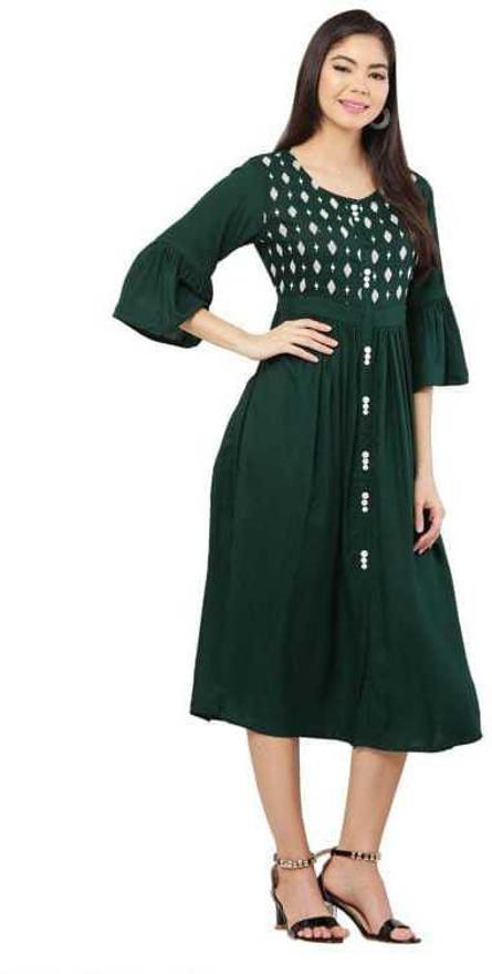 PAVONINE Bottle Green Color Embroidery Work With Button Dress For Women