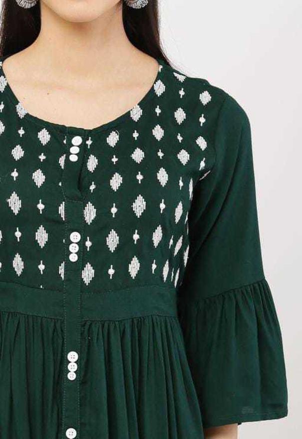 PAVONINE Bottle Green Color Embroidery Work With Button Dress For Women