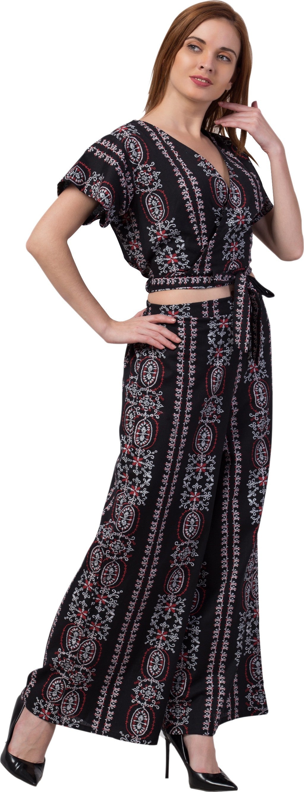 PAVONINE Black Color Printed Crop Top And Flared Palazzo Set For Girls & Women