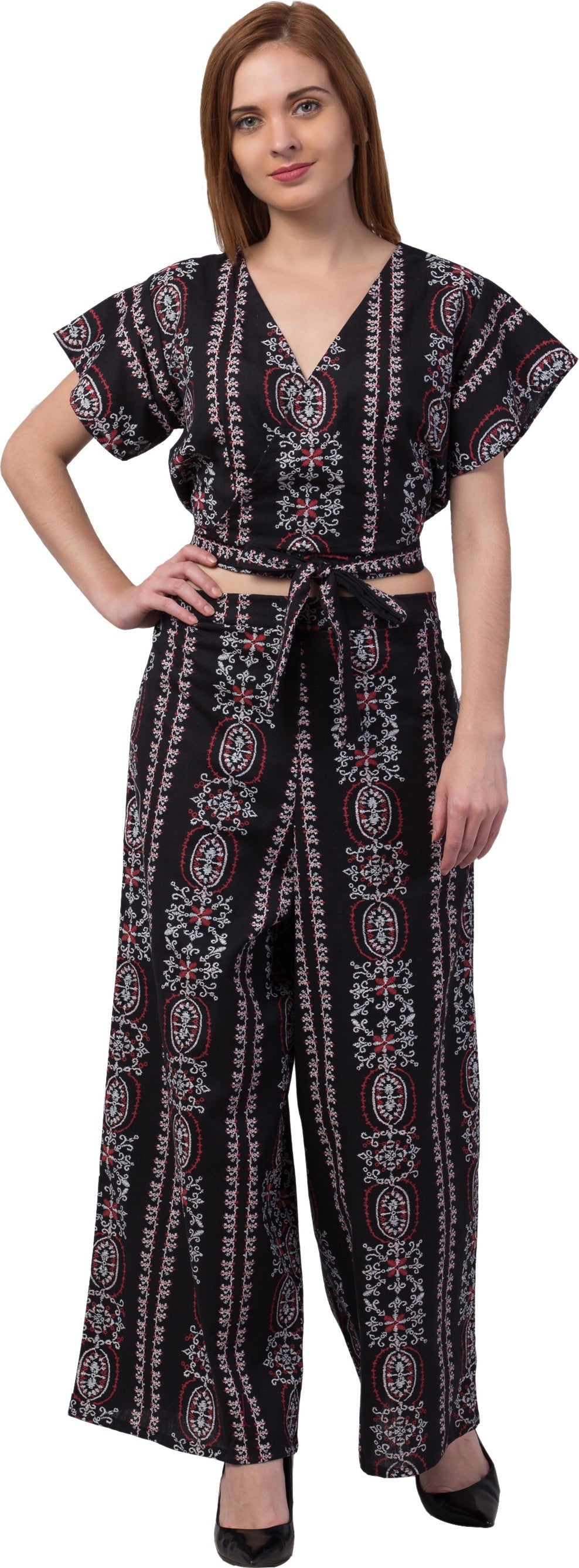 PAVONINE Black Color Printed Crop Top And Flared Palazzo Set For Girls & Women