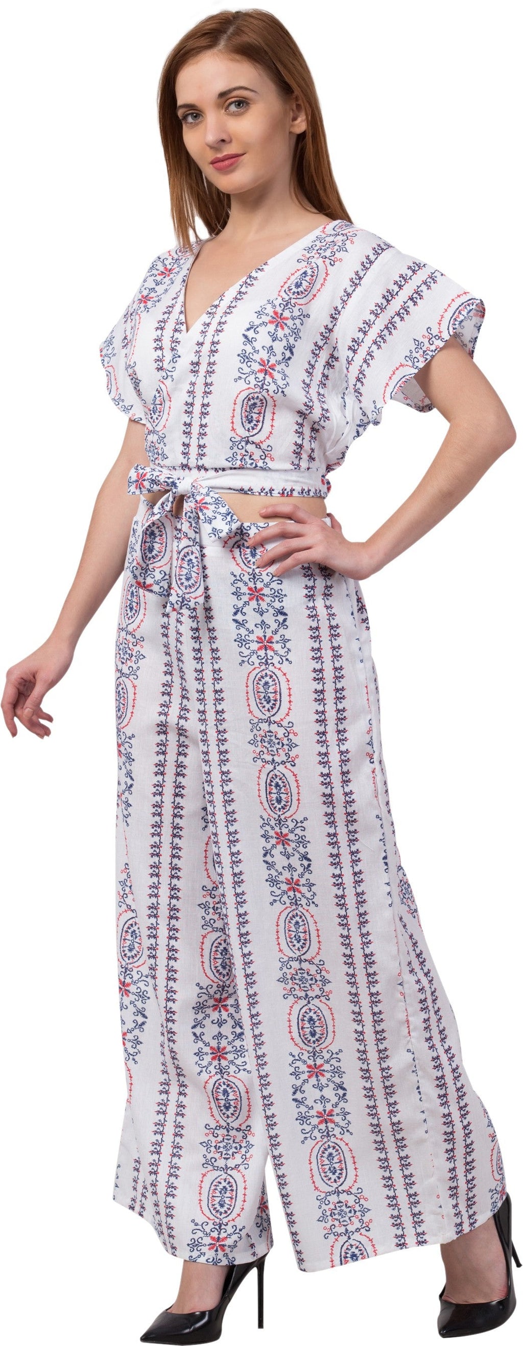 PAVONINE White Color Printed Crop Top And Flared Palazzo Set For Girls & Women