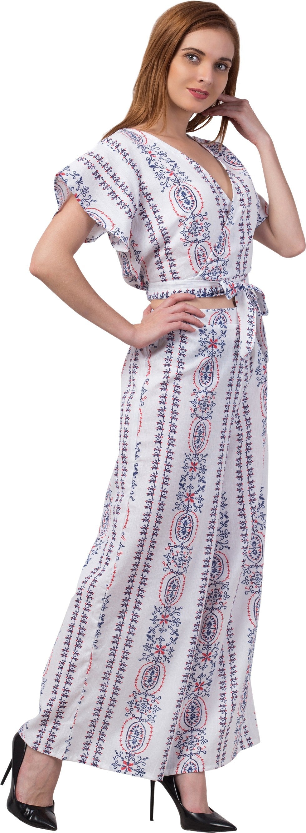 PAVONINE White Color Printed Crop Top And Flared Palazzo Set For Girls & Women