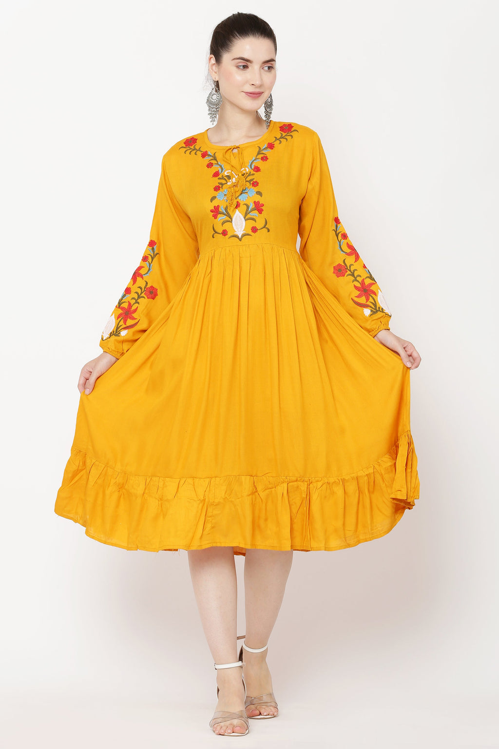 PAVONINE Mustard Color Flower Embroidery Dress For Women