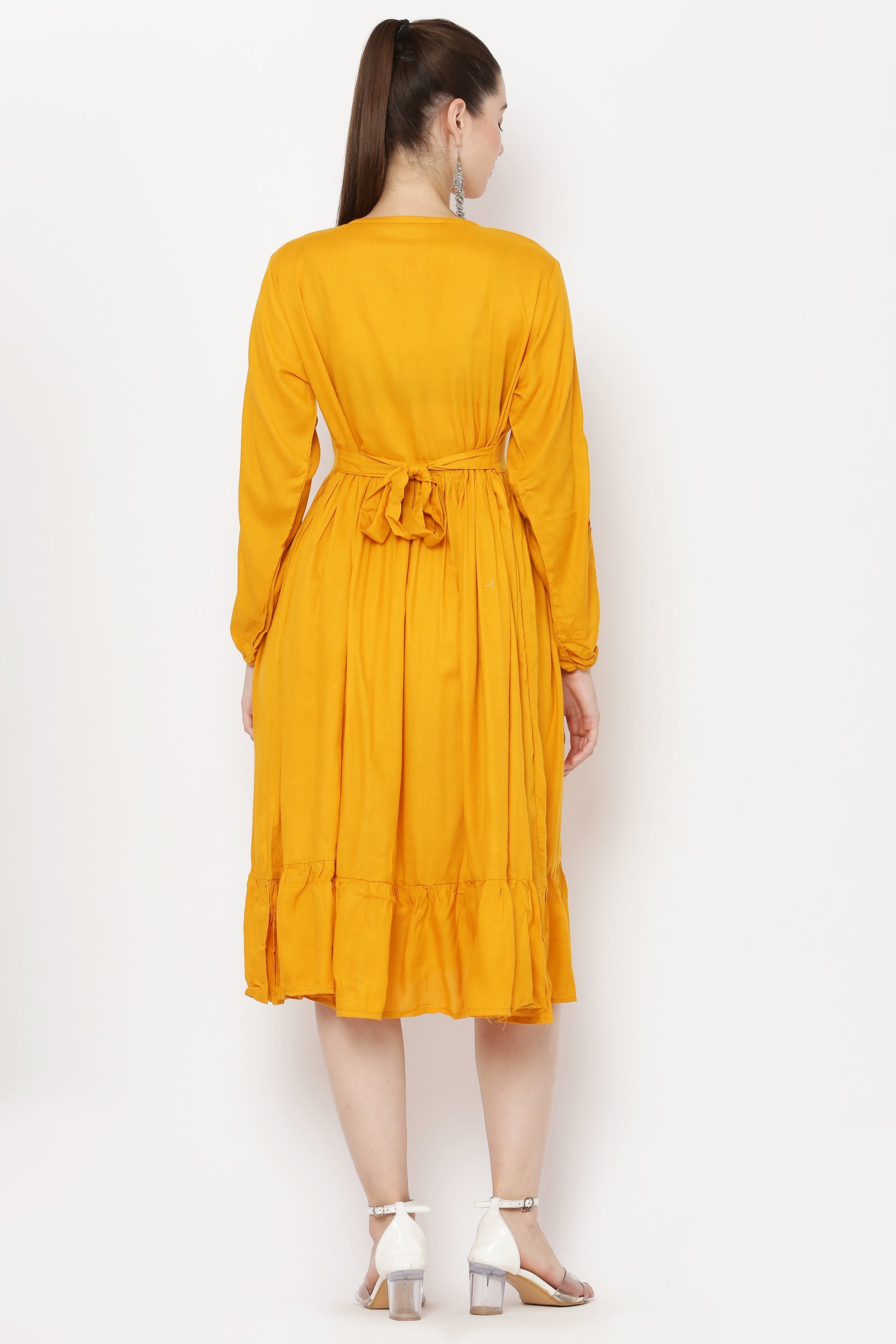 PAVONINE Mustard Color Flower Embroidery Dress For Women