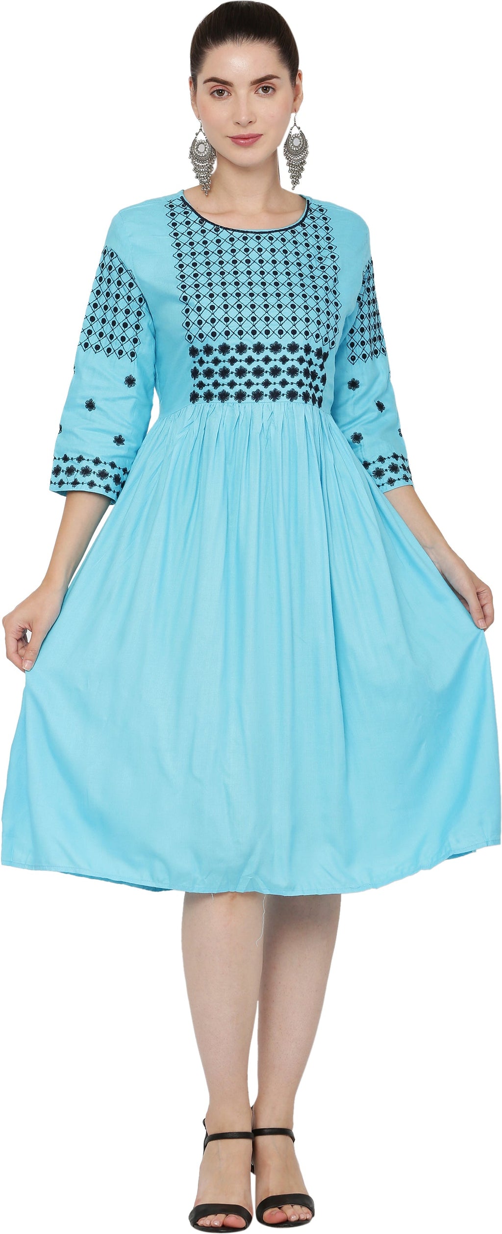 PAVONINE Firozi Color Polka Dots Embroidery Dress For Women