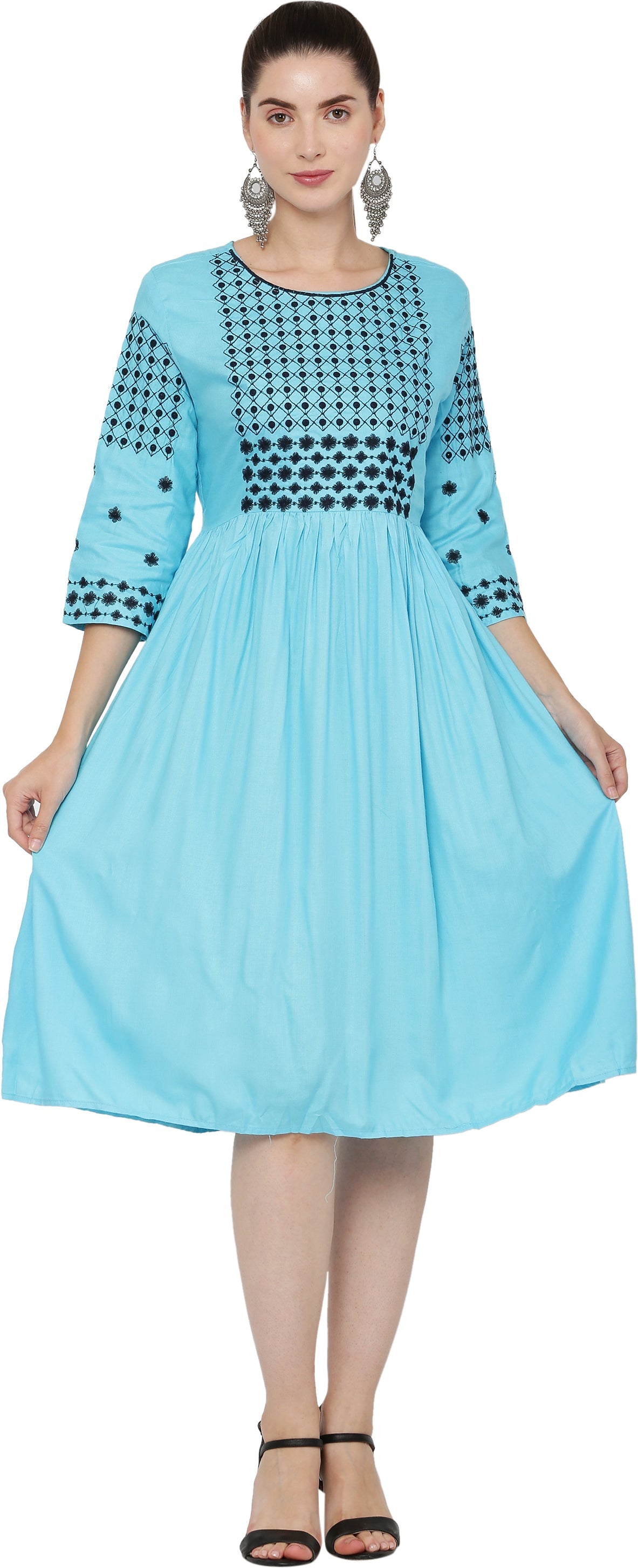 PAVONINE Firozi Color Polka Dots Embroidery Dress For Women