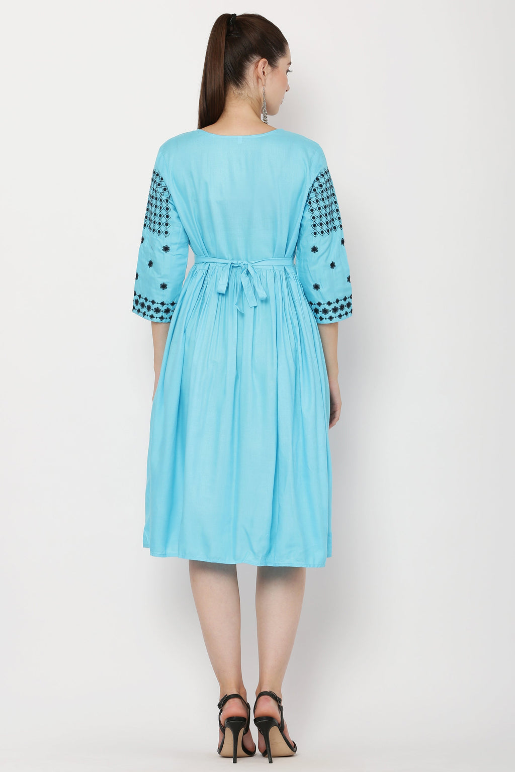 PAVONINE Firozi Color Polka Dots Embroidery Dress For Women