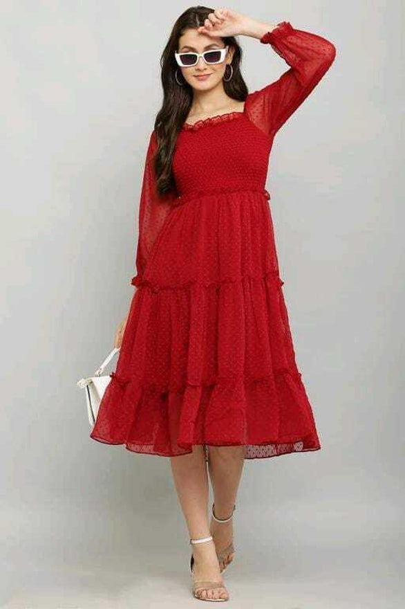 PAVONINE Buta-Design With Square-Neck Maroon Dress For Girls & Women