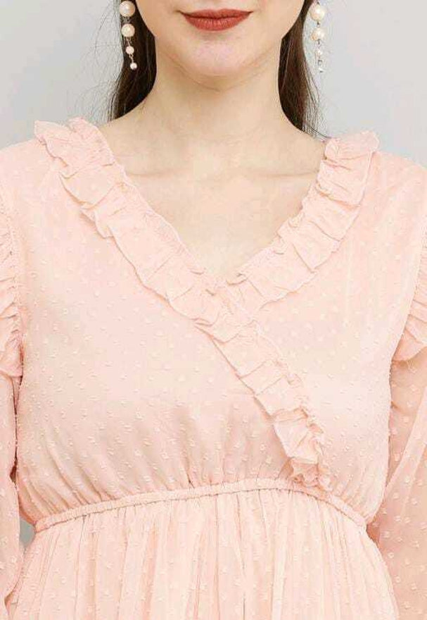 PAVONINE Buta-Design With V-Neck Peach Dress For Girls & Women